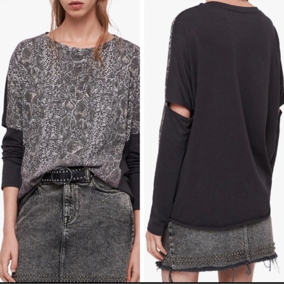 All Saints Kaa Waves LS gray snakeskin print tee with elbow slits - Picture 1 of 7